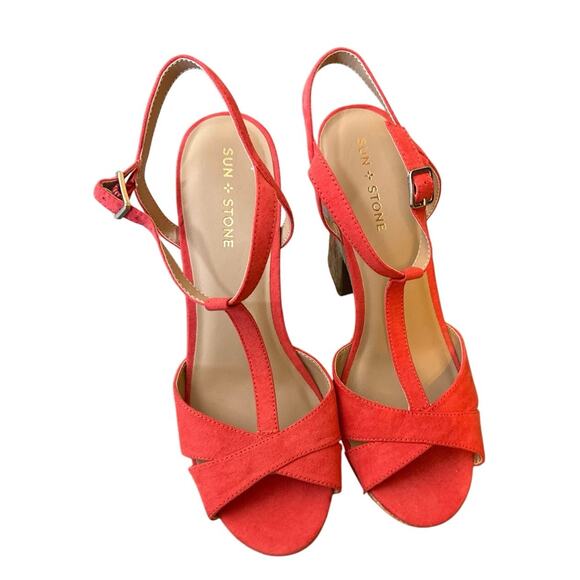 Sun + Stone Women Cork Heel Slingback Sandals Jamie Size US 10M Coral Pink - Picture 3 of 6
